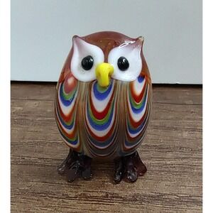 Hand blown Art Glass Miniature Owl Figurine Orange White Red Green Blue D6